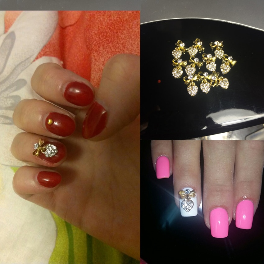 10 st guld/silver metall glitter 3d nail art fluga dingla kedja hjärta fixa nagelberlocker dekoration tillbehör tillbehör  y01