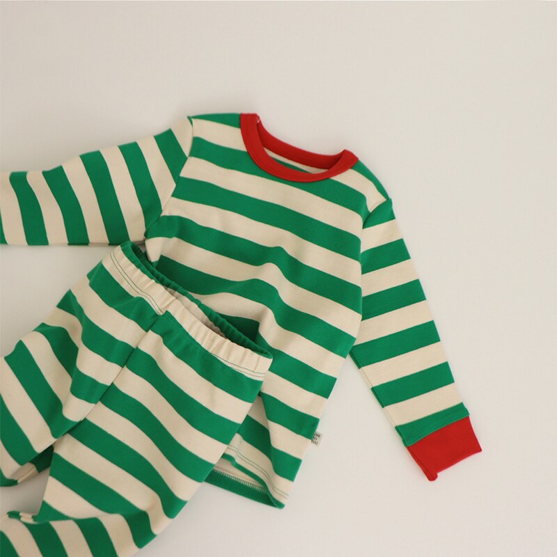 Pigiama per bambina Set New Spring Christmas Infant camicia a maniche lunghe a righe top + pantaloni abito Casual per ragazzi in due pezzi: Green / 4T(110)