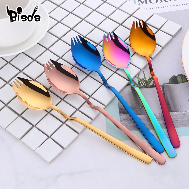 1/4 st sallad sporks 3 in 1 blandningssked gaffel kniv nudel frukt redskap hängande kopp skål spork dessert servis kit