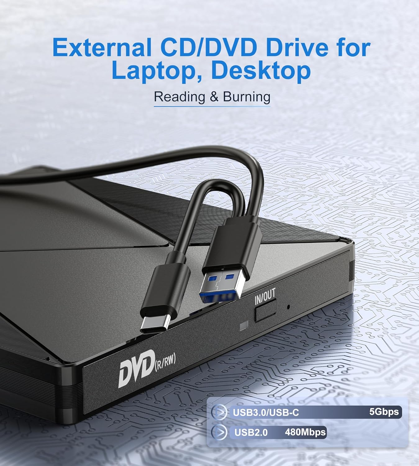 External CD DVD Drive USB 3.0 Type-C Slim Portable CD DVD +/-RW ROM Player Burner Reader for Laptop Desktop MacBook Windows XP