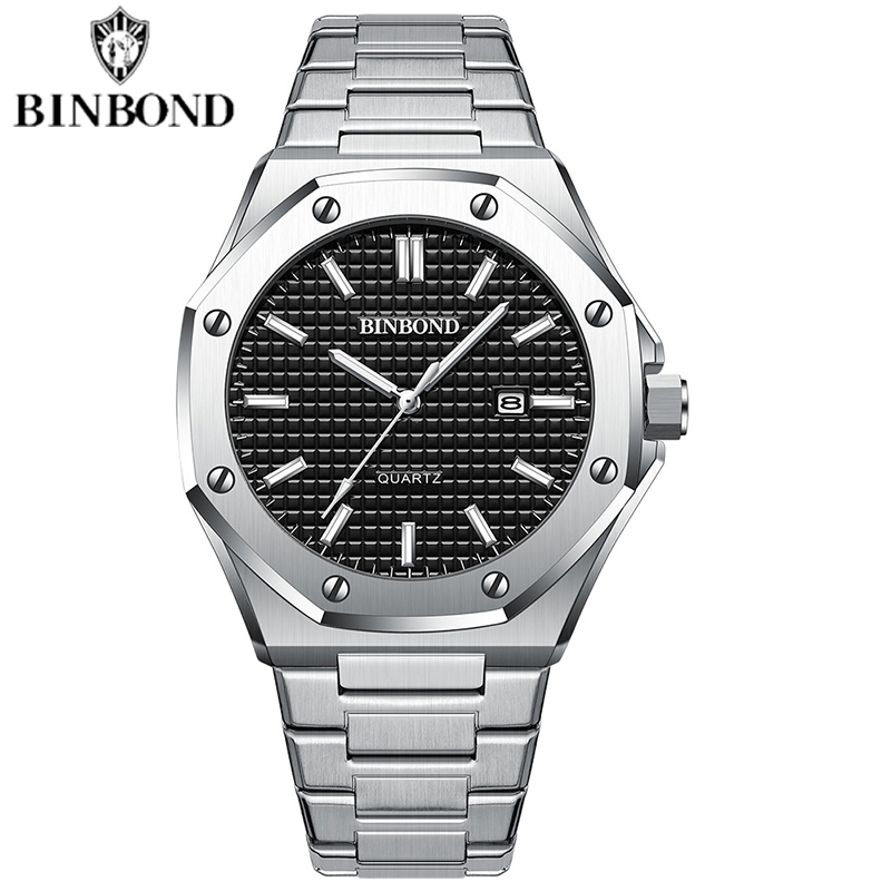 BINBOND montre pour hommes Top Royal décontracté hommes grand cadran argent acier inoxydable calendrier Quartz montre-bracelet classique lumineux B0233: Rose