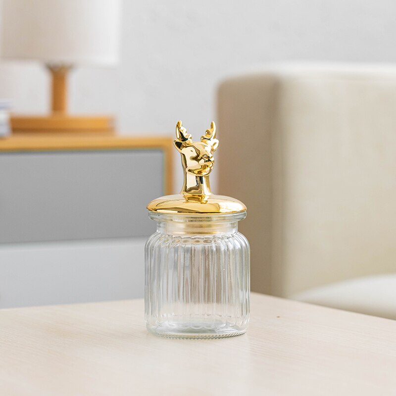Transparent Glass Storage Jar Golden Ceramic Lid Cute Snack Tea Storage Food Grade Candy Jar Kitchen Storage Supplies: deer-S