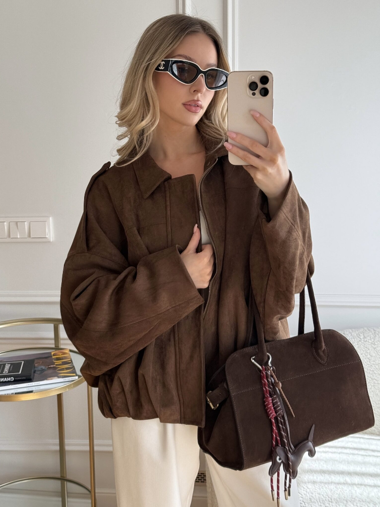 Chaqueta bomber de ante sintético de gran tamaño para mujer de ZBZA, con solapa con textura de ante, mangas largas de murciélago y dobladillo plisado, chaqueta bomber holgada, nueva prenda exterior vintage para mujer