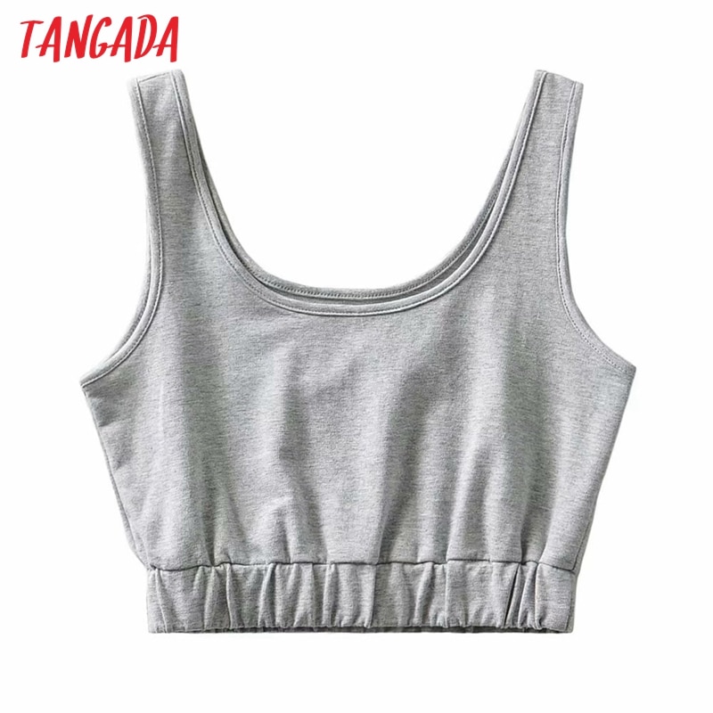 Tangada kvinder grå tank crop top ærmeløs rygløse korte bluser skjorter kvindelige afslappede solide toppe  tm1