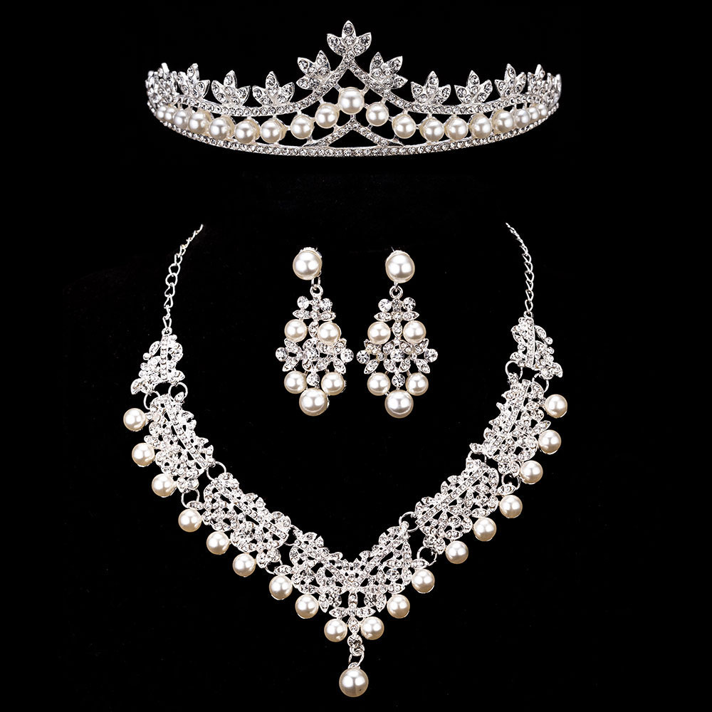 Ensemble de bijoux de fantaisie en cristal pour mariée, perles, collier ras du cou, boucles d'oreilles diadème, ensemble de bijoux de mariée pour femmes,: 3PCS Set Pearl 7