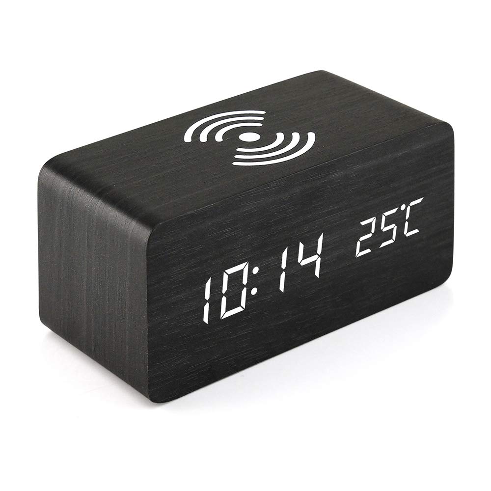 Wooden Alarm Clock With Qi Wireless Charging Pad Compatible With For Iphone Samsung Wood Led Digital Clock Sound Control Funct: Black