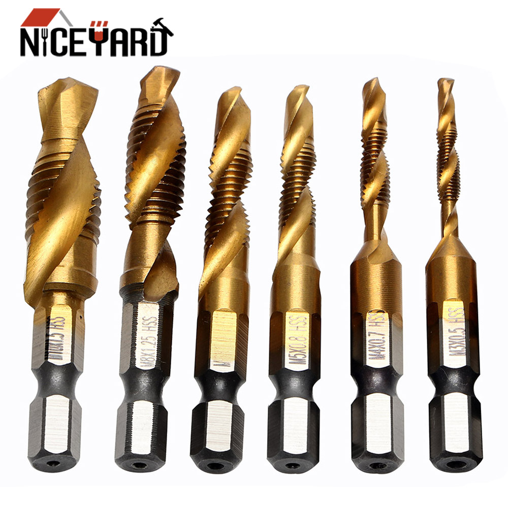 Unids/set de 6 brocas, rosca de taladro, conector métrico M3 M4 M5 M6 M8 M10, herramientas manuales, tornillo HSS, Punta espiral, aceros de alta velocidad