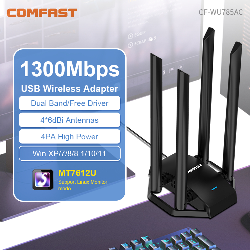 COMFAST 1300M Adaptador Wi-Fi Banda Dupla Sem Fio 2,4G/5GHz 4 Antenne USB3.0 Wireless USB Placa Wifi Pra PC Kali Linux Adapter