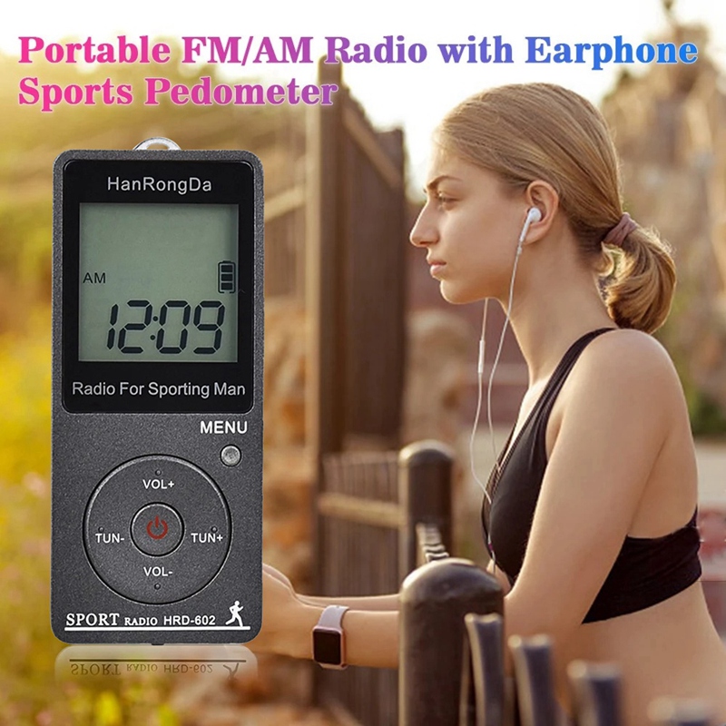 HRD-602 Portable Radio Receiver FM/AM Radio LCD Display Lock Button Pocket Radio with Earphone Sports Pedometer: Default Title