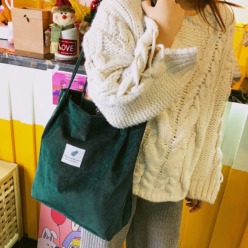 Hoge Capaciteit Vrouwen Corduroy Tote Dames Casual Schoudertas Opvouwbare Herbruikbare Shopping Strandtas Canvas boodschappentas: green