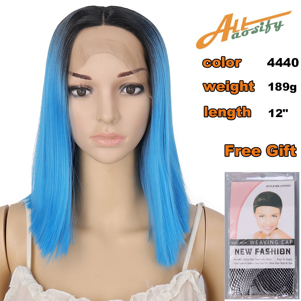 Allaosify Korte Bob Lace Front Pruiken Voor Zwarte Vrouwen Rechte Synthetische Pruik Hoge Temperatuur Vezel Haar Roze Donker Rood Blauw: LACE-4588-4440