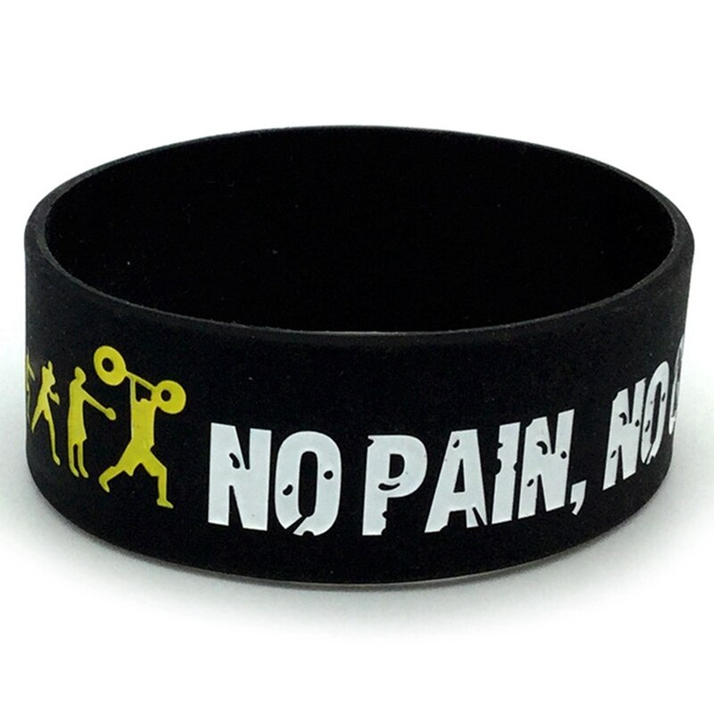 1Pcs Wide Band Motto Rubber Bracelets & Bangles Armband Everybody Fit No Pain No Gain Silicone Wristband: BK