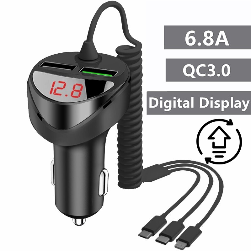 QC 3.0 Quick Car Charger With 3 in 1 USB Cable For iphone 11 7 Samsung Xiaomi Huawei Micro USB Type C Fast Phone Charge Charger: QC3.0 With Display B