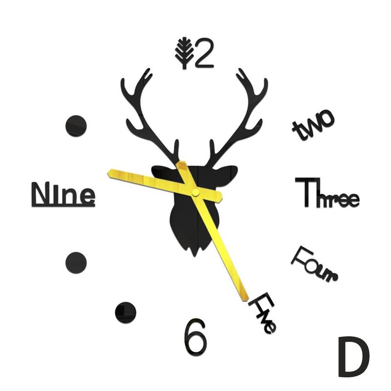 DIY 3D Wall Clock Mirror Wall Stickers Deer Living Wall Watch Decal Quartz Art Large Room Sticker Home Clock W5X9: D