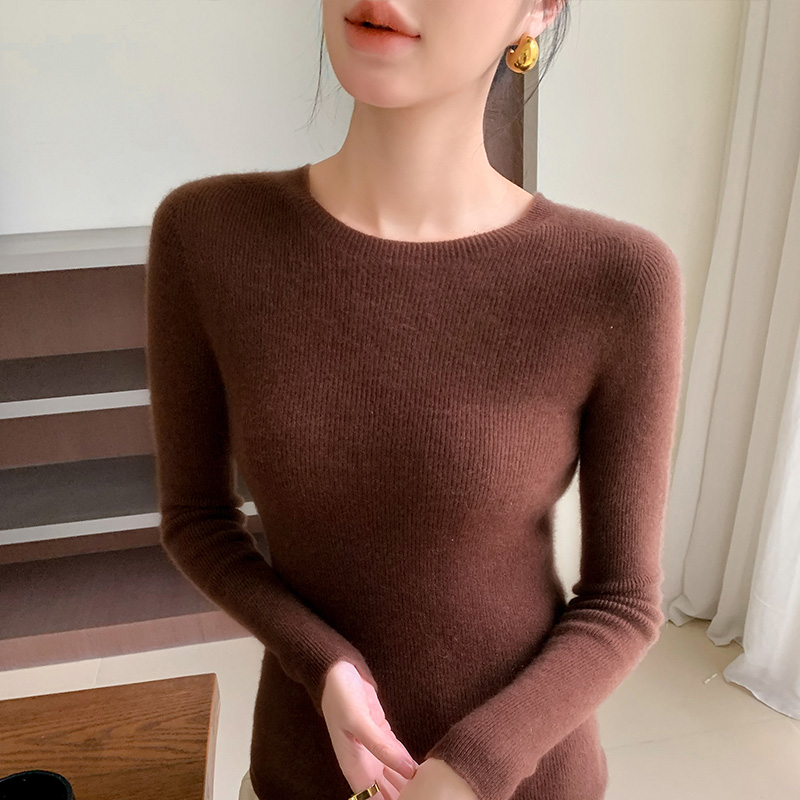 Suéter de malha com nervuras de manga comprida feminina, gola redonda, pulôver fino, tops de luxo, roupa coreana, moda