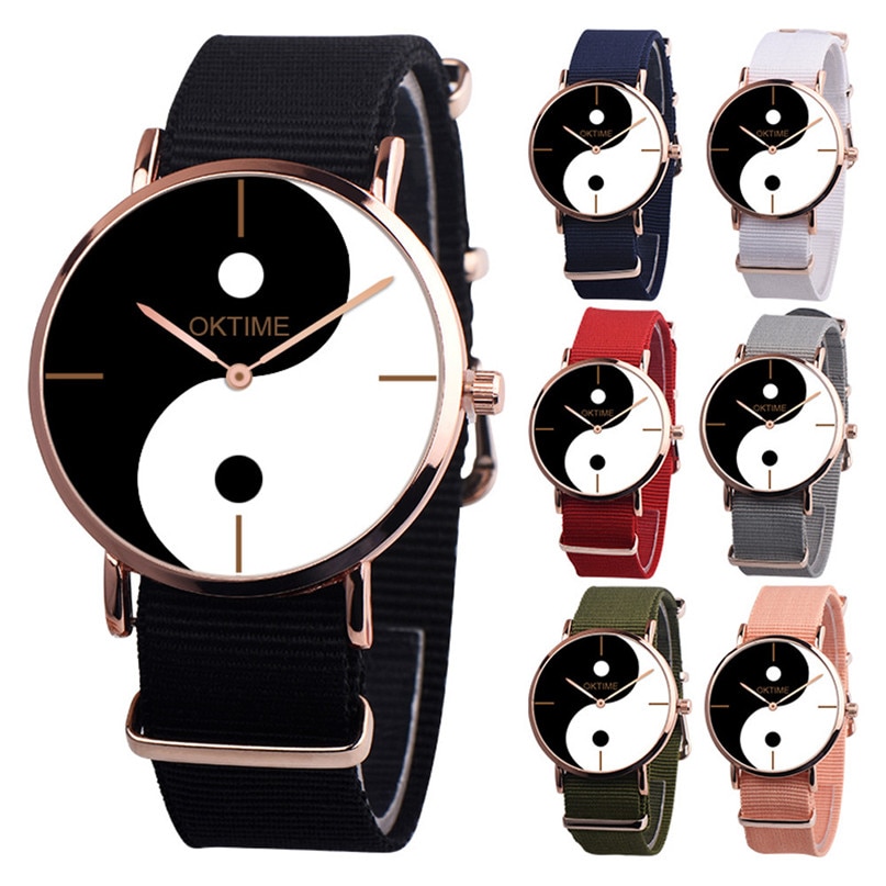 Yin Yang Symbool Horloge Tai Chi Zwart En Wit Canvas Band Horloge Dames Heren Horloges Mode Accessoires #4M07