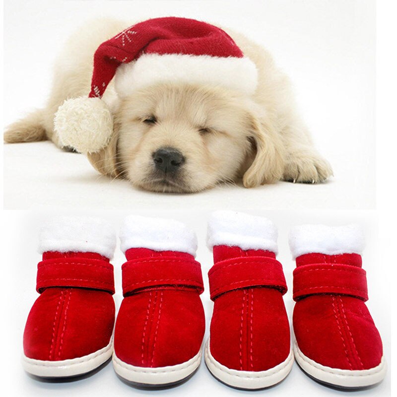 Winterschoenen voor honden, waterdicht, antislip, regenlaarzen, sneeuwlaarzen, schoenen voor katten en honden, kerstschoenen, warme fluwelen rode schoenen