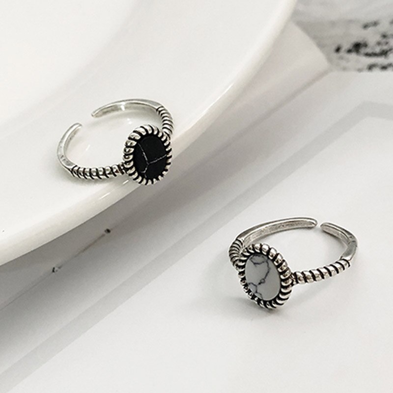 1PC Round Circle Black Open Valentines Ring White Unique Adjustable Exquisite Marbled Stone