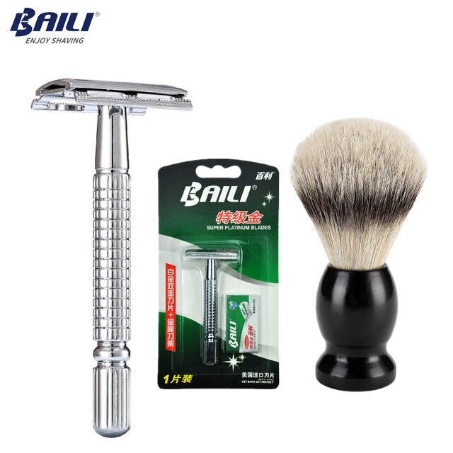 BAILI Manual Safety Razor Silver Classic 3 Piece Double Edge Wet Shaving Men Shaver Women Hair Removal with Free Platinum Blades: Razor suit D