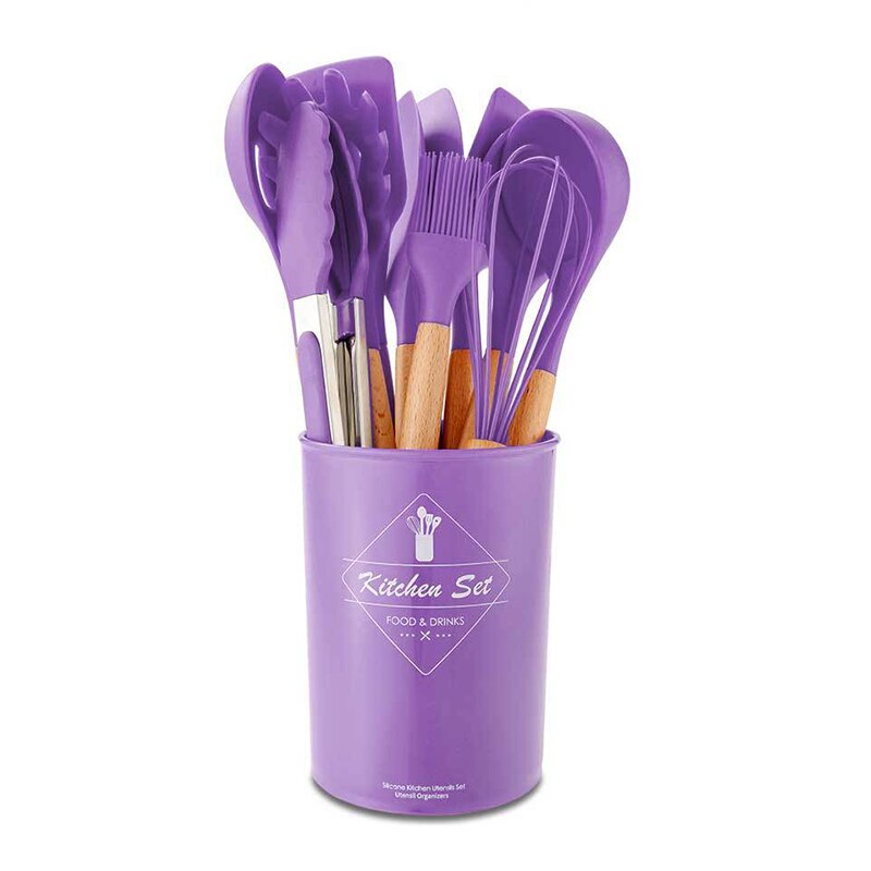 12/11PCS White Silicone Kitchenware Cooking Utensils Set Heat resistant Non-Stick Pan Cooking Spatula Spoon Wooden Handle: Purple