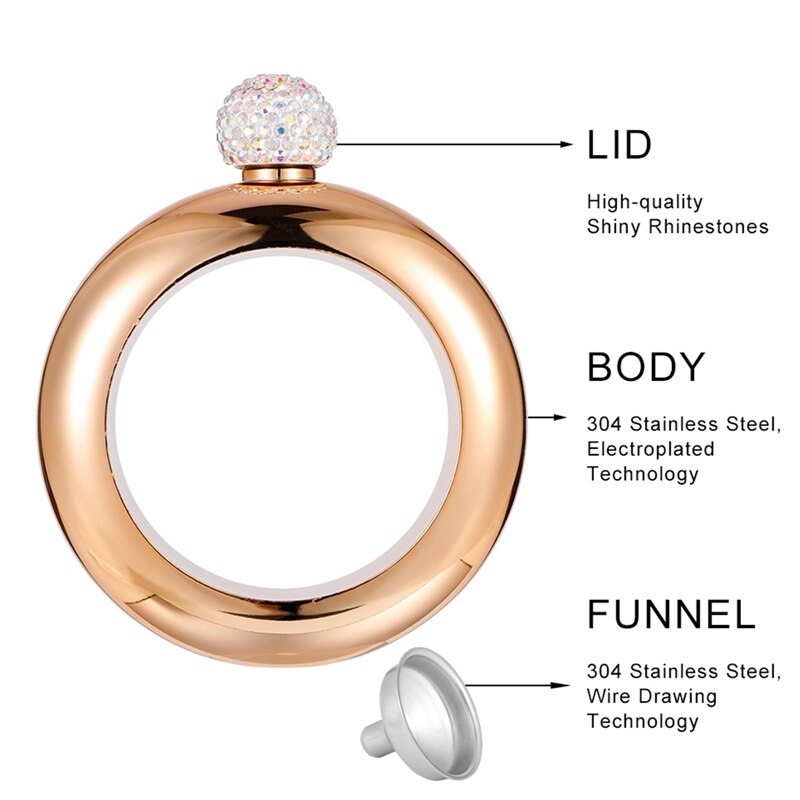 Bracelet alcool Hip flacon avec couvercle en diamant rond Chic vin 3.5oz whisky Vodka alcool Flagon Drinkware + 1 entonnoir