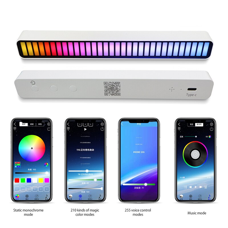 Voice-activated Rhythm Light Stick 32-Bit RGB Colorful Audio Spectrum Bar Pickup Ambient DJ LED Rhythm for Bluetooth-compatible