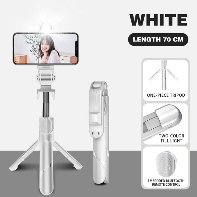 5 In 1 Selfie Stick Handheld Monopod Sluiter Opvouwbare Statief Met Licht Invullen Bluetooth-Compatibel Statief Voor Telefoon Ios android: white with led-70cm