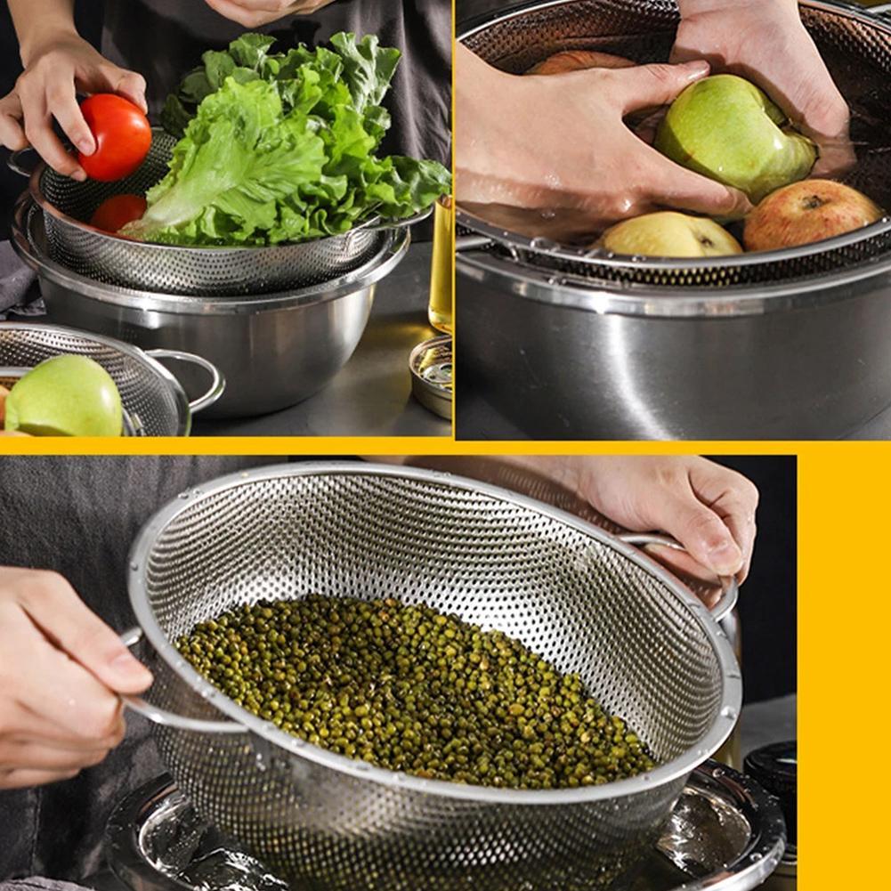 Steel Drain Basket Colander Fruit Rice Vegetable Washing Basket Strainer Drainer With Handle For Home Kitchen