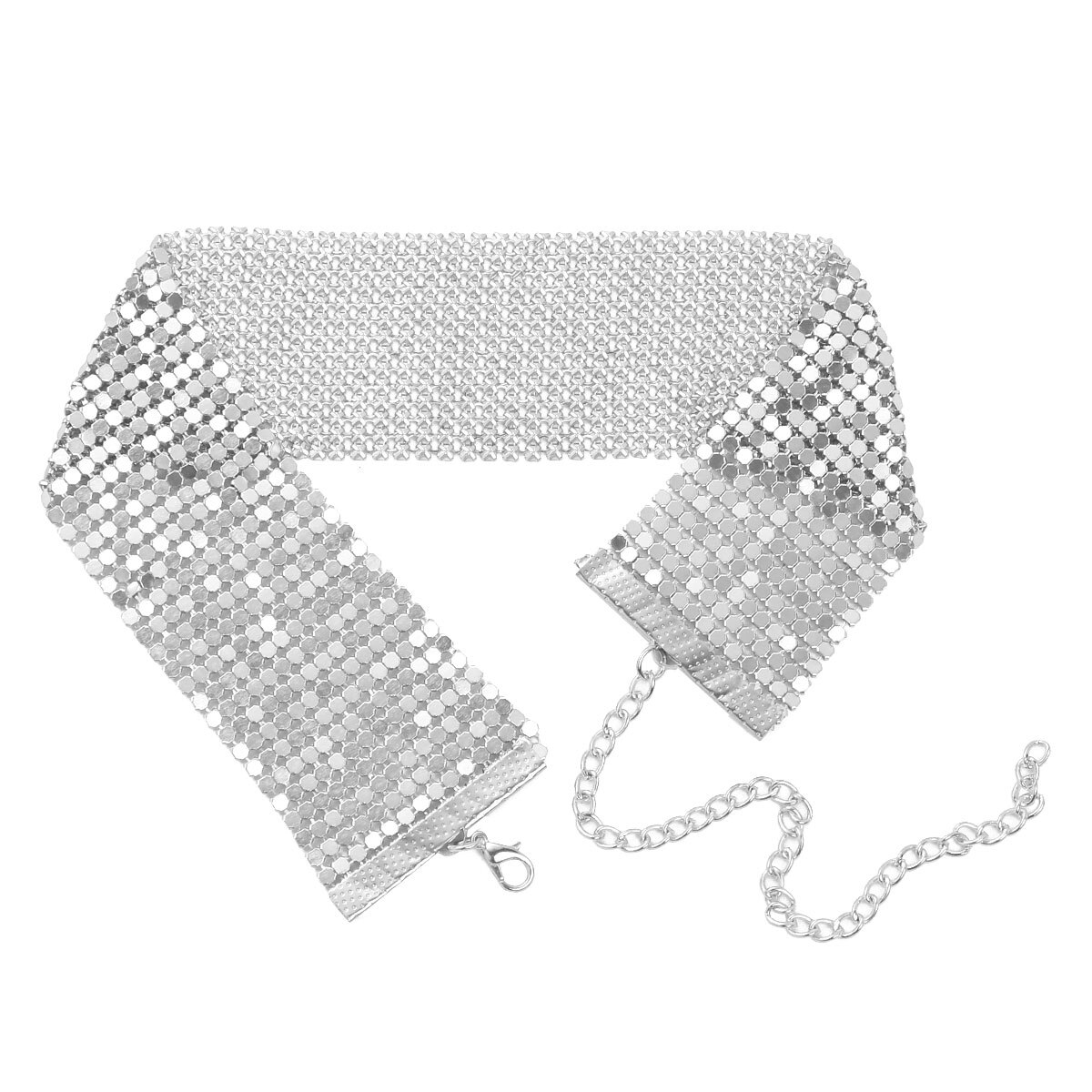 Collar de aleación brillante para mujer, gargantilla brillante, lisa, ajustable, de malla ancha, gargantilla plana: Silver