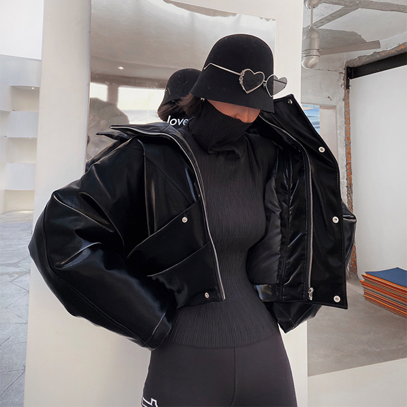 Lautaro-Chaqueta de charol con cremallera para mujer, chaqueta reflectante de manga larga, de piel sintética suave, talla grande