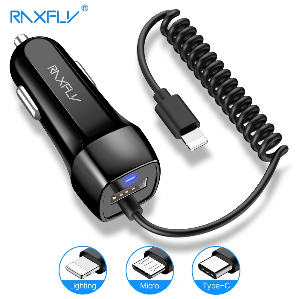 Raxfly 10W Usb Auto Oplader Voor Mobiele Telefoon Oplader Adapter Voor Iphone 12 Micro Usb Type C Lader Met hoge Elastische Usb-kabel