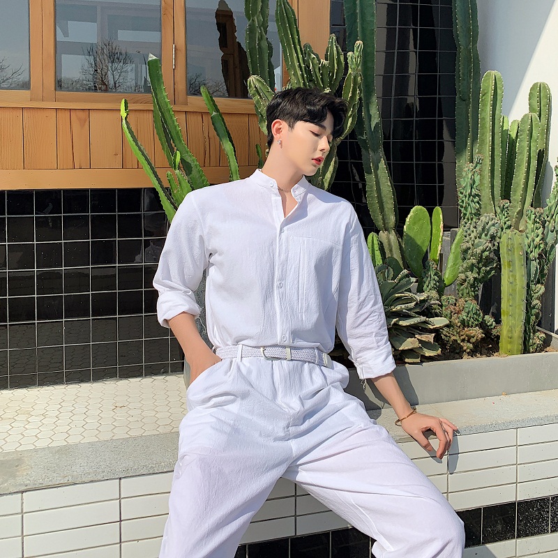 Streetwear Stage pantalon homme, pantalon d'été en coton lin blanc combinaisons blanches homme manches longues col montant chemise salopette