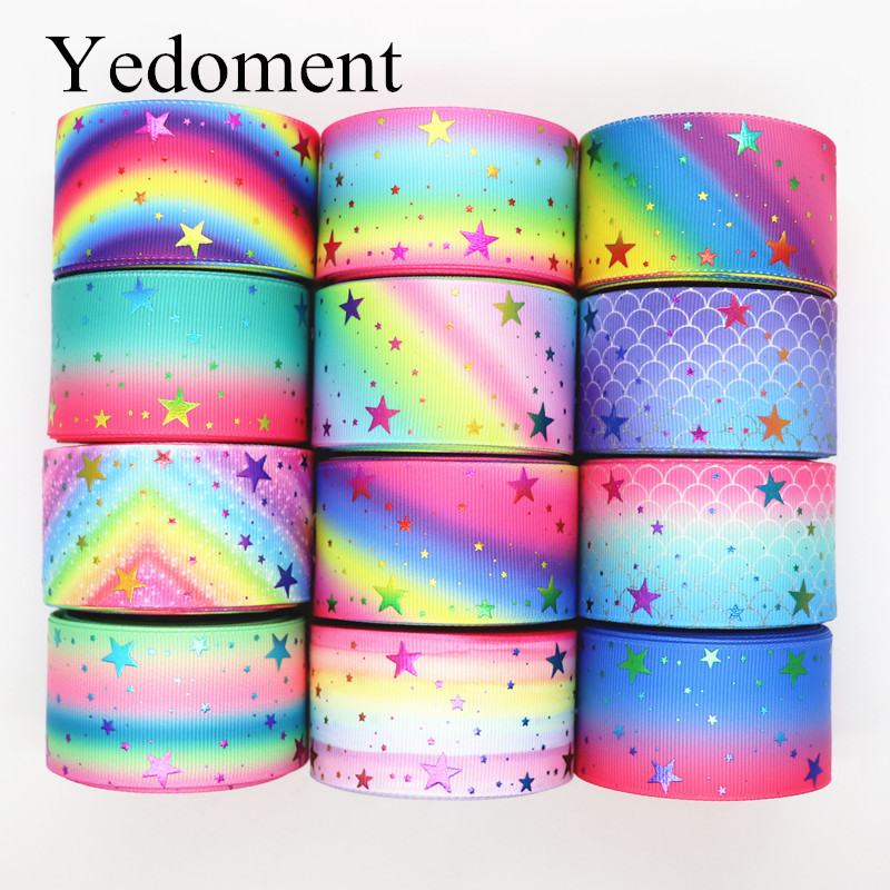 10 Yards 1.5 "38MM brillant arc-en-ciel or étoile imprimé ruban gros-grain pour cheveux nœuds bricolage artisanat accessoires faits à la main M19090201