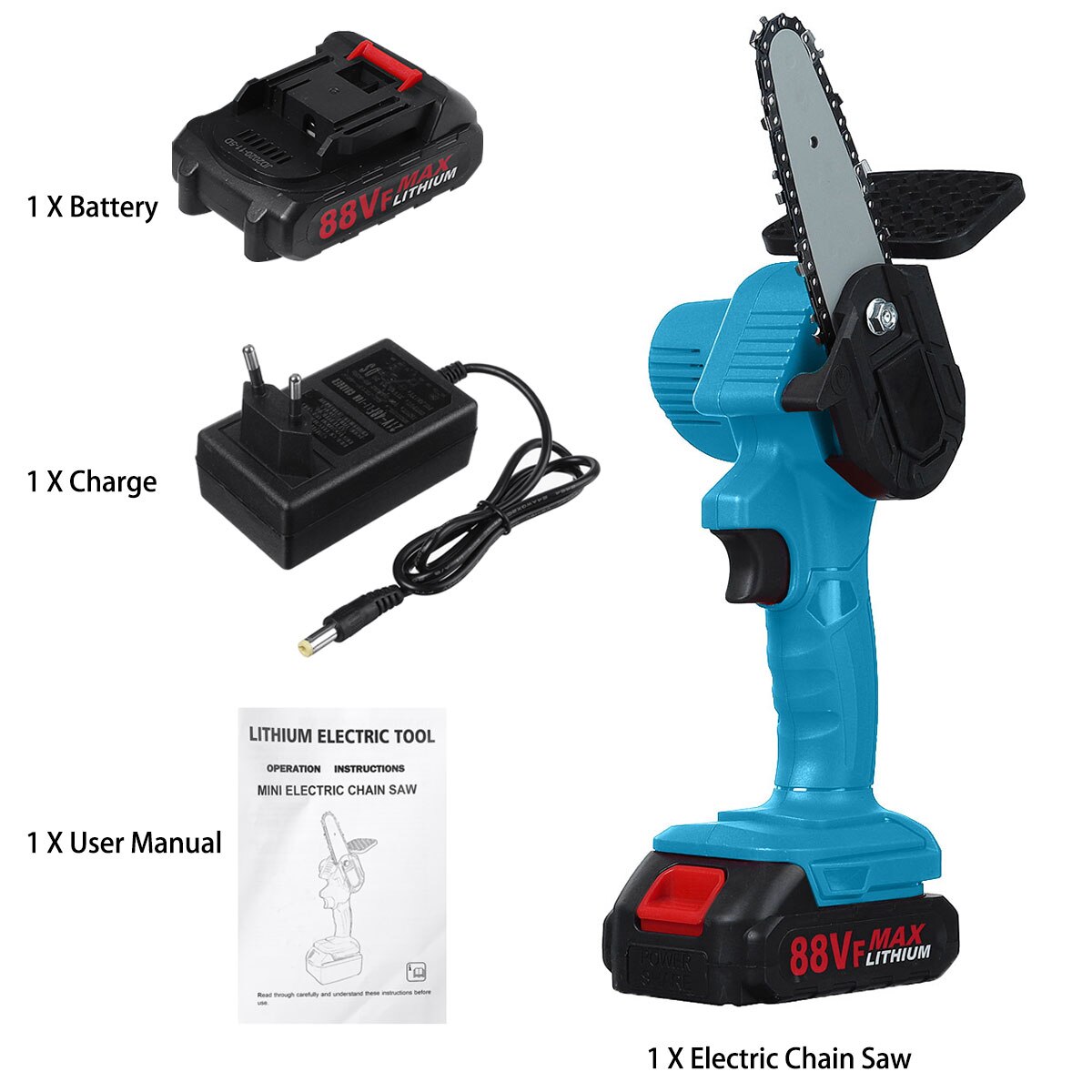 Mini sierras de cadena eléctricas 88VF, motosierra de poda, sierra de corte para árboles de jardín inalámbrica, para cortar madera con batería de litio: Blue 1 Battery