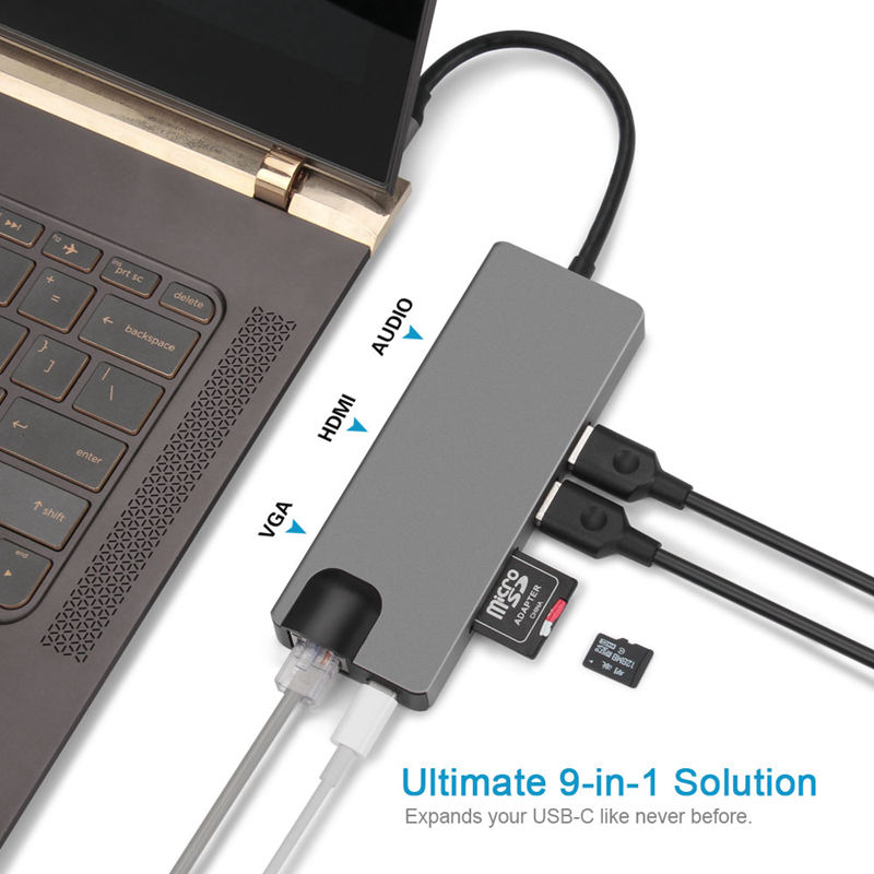 9 In 1 Type C Naar 2 Usb Sd Tf Card Lan Vga Hdmi Usbc 3.5 Mm Aux Jack Adapter hub Verlengen Pd Charge Dock 1000 Mbps Rj45 Otg Displa