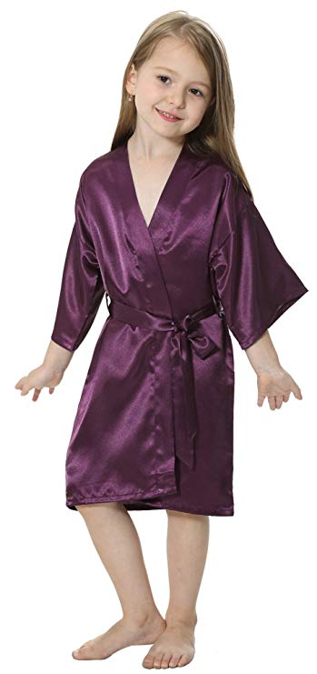 Kids Solid Satin Rayon Kimono Robe Bridesmaid Solid Bathrobe Children Nightgown Sleepwear Dressing Gown: S / SKY BLUE