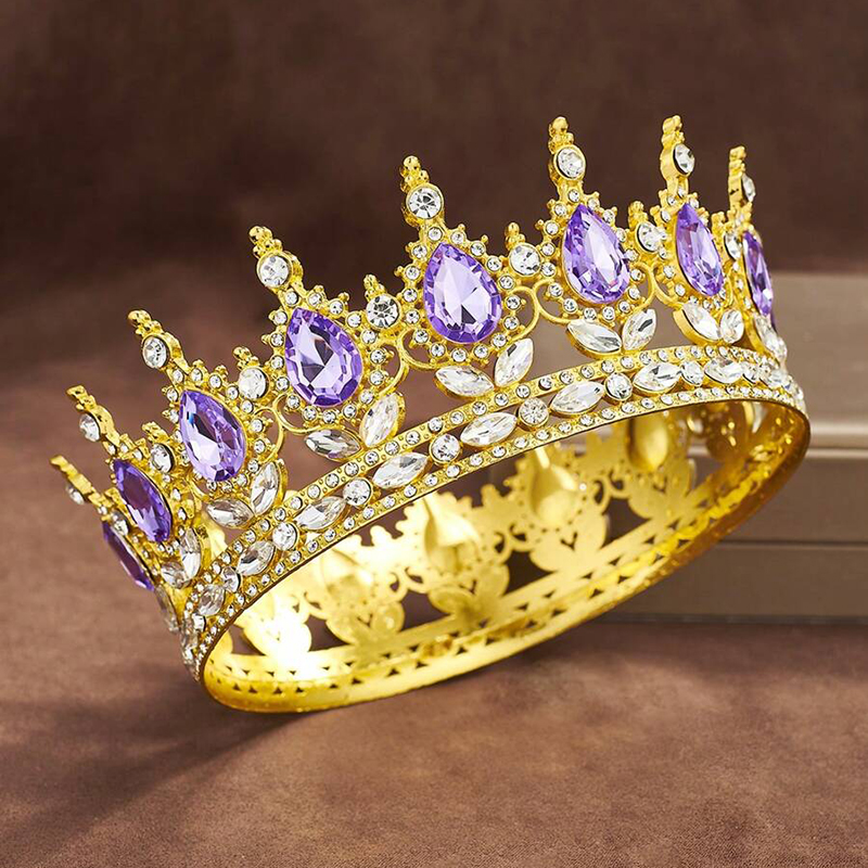 Luxury Color Baroque Queen Crown Colorful Sparkly Rhinestone Wedding Crown Bride Princess Full Round Tiaras Headband Headpieces: Gold-color