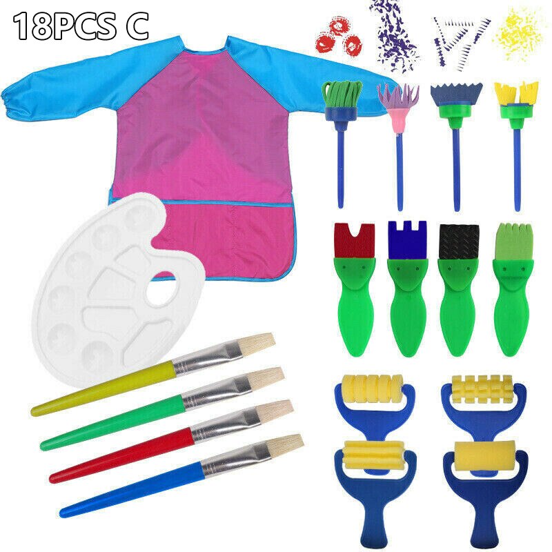 DIY Children Painting Foam Sponge Brush Apron Moulds Tools Kit Kids Early Art Education Learning Drawing Graffito Tools: 18pcs toys gift C