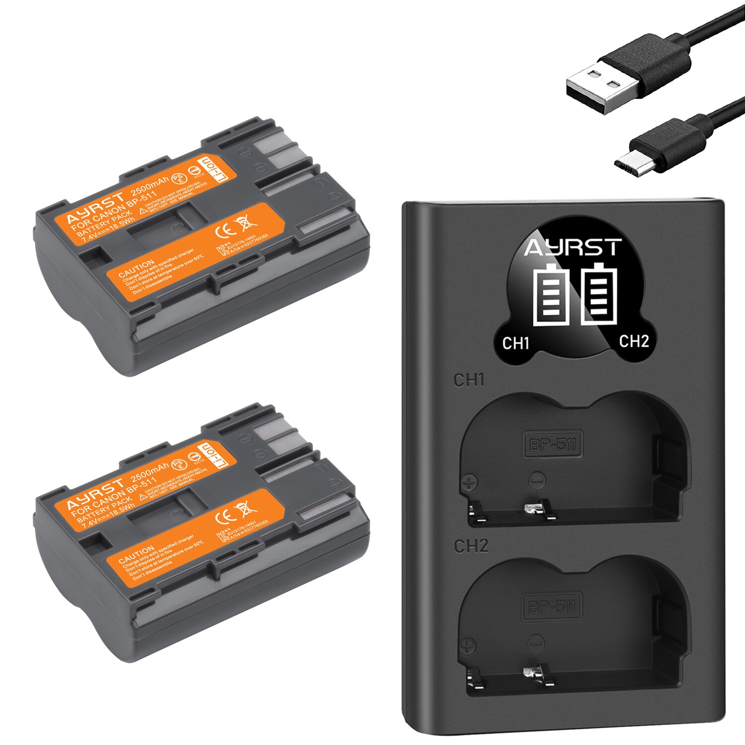 2pcs 2500mAh BP-511 BP-511A BP 511A battey + USB Charger for Canon G6 G5 G3 G2 G1 EOS 300D 50D 40D 30D 20D 5D G6 L10 camera: 2batteryand1charger