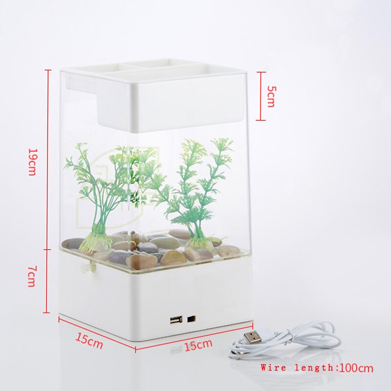 Mini acuario de plástico acrílico USB, pecera con LED portátil Betta, pecera, suministros para mascotas acuáticas para decoración de interiores y oficina