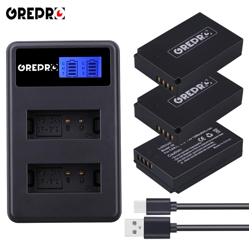 2 stuks 1200 mah lp -e12 lp e12 lpe 12 li- ion batterij + lcd usb dubbele oplader voor canon eos  m50,  eos  m100,100d kiss  x7 rebel  sl1 camera: Set van 3 stuks