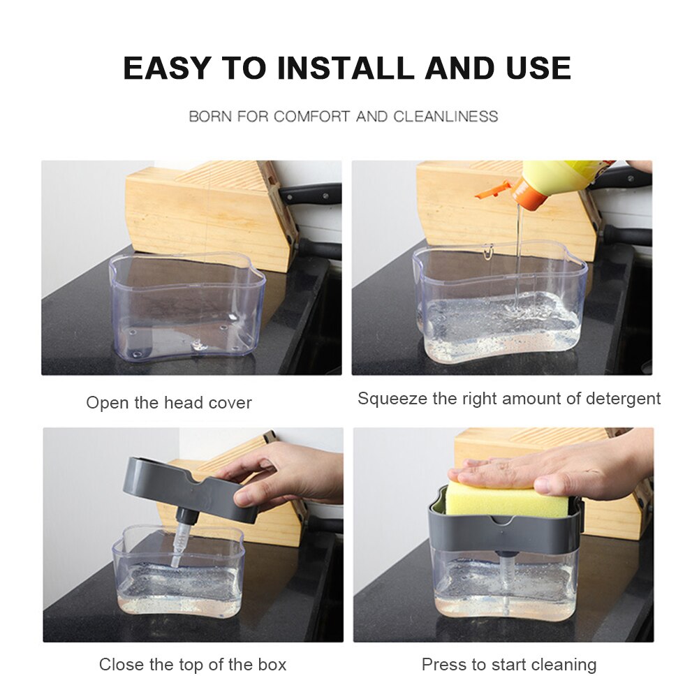 2 in 1 Soap Dispenser Pump With Sponge Holder Countertop Dishwashing Liquid Dispenser Container Hand Press Soap Organizer