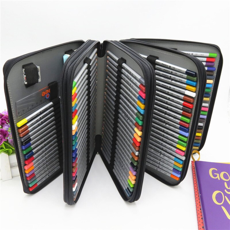 Pu leren school etui met 184 gaten, grote capaciteit, kleurpotloodtas, multifunctionele etui voor kunstbenodigdheden: Zwart