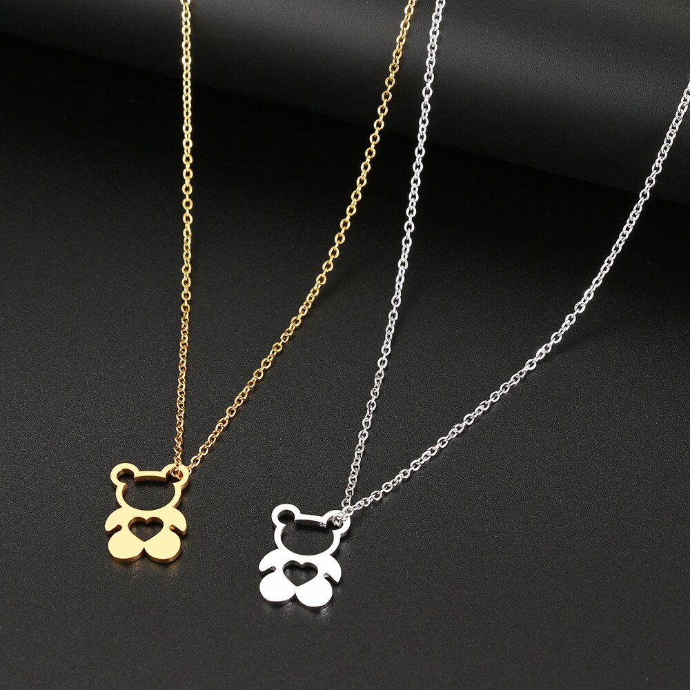 Edelstahl Halsketten Hohl Bär Herz Anhänger Kette Charme Zubehör Halsband Feine Halskette Für Frauen Schmuck Party