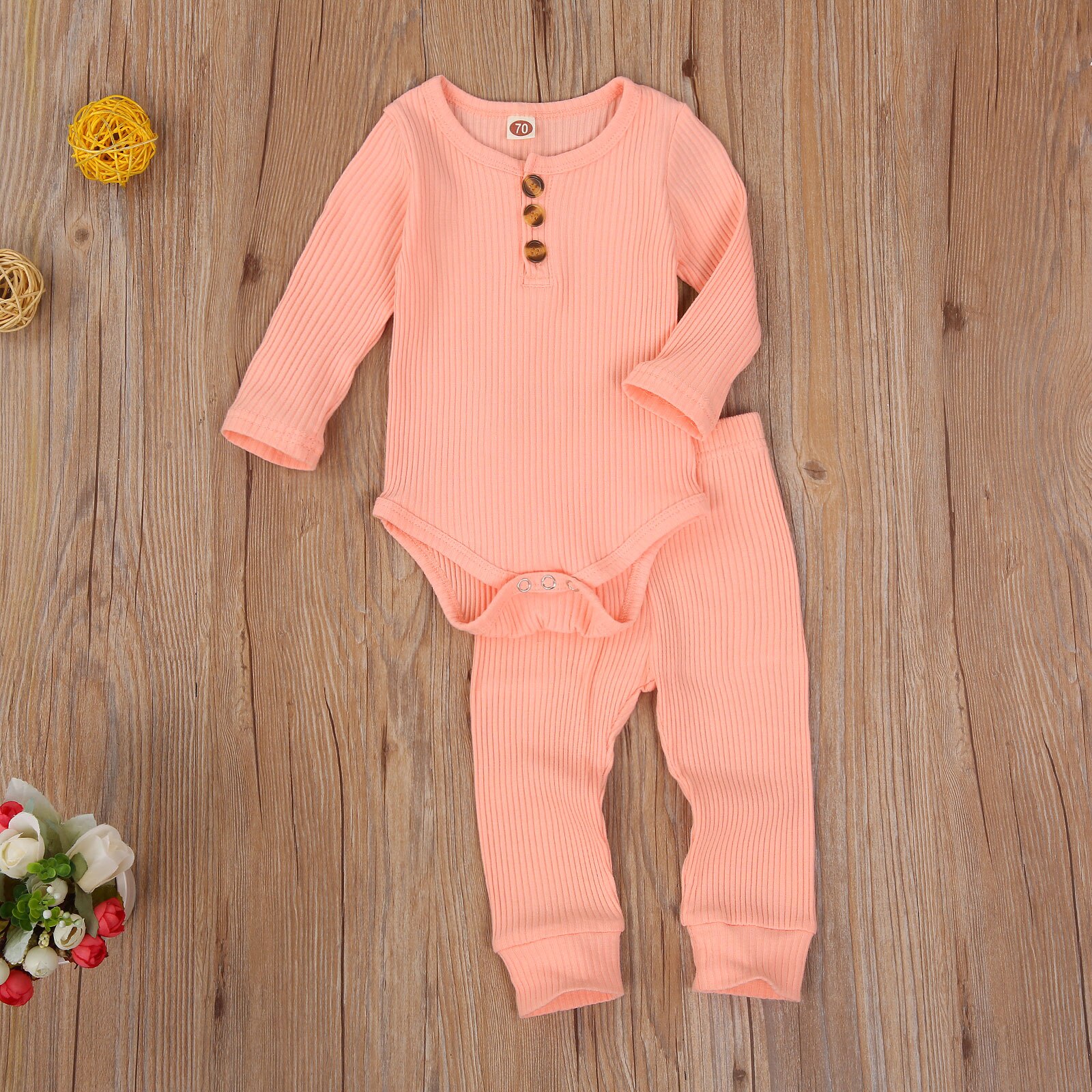 Baby jongens meisjes kleding slaapkleding herfst 2 stuks outfit 0-24m ronde hals knoop lange mouwen romper jumpsuit broek effen set