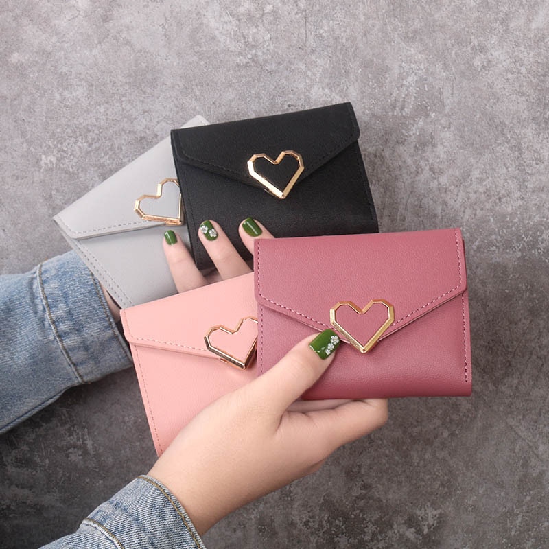 Cartera de mujer de Metal en forma de corazón tarjeta corta Vintage coreano Hipster PU funda