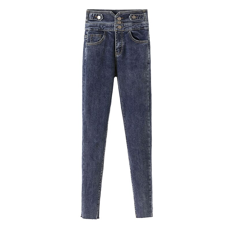 Skinny jeans voor dames, hoge taille, drie knopen, zwarte denim potloodbroek voor dames, koreaanse chique lange jeans voor dames