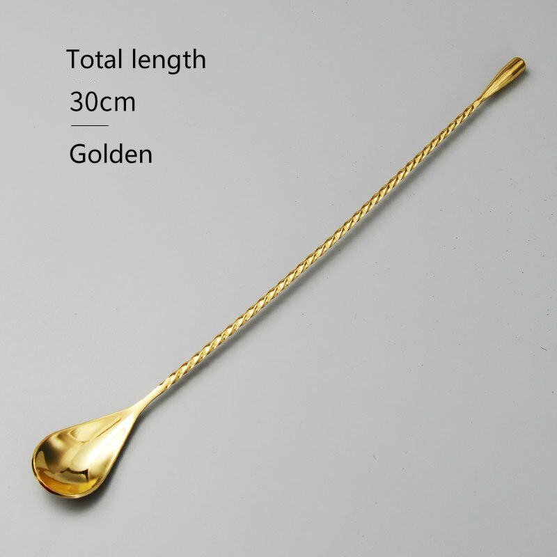 4 Colors Simple Swizzle Stick Water Droplets Spoon Stainless Steel Raindrops Bar Serves Cocktails Tools Thread Bar Spoon: Golden 30cm