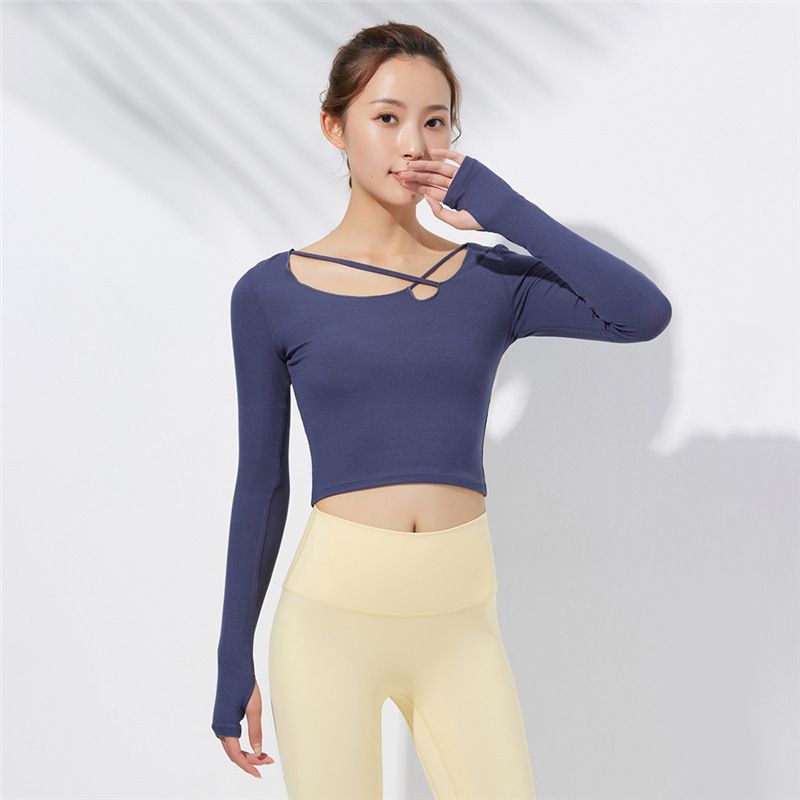 2022 Herfst Yoga Kleding Vrouwelijke Persoonlijkheid Hals Fitness Kleding Korte Lange Mouwen T-shirt Duim Gesp Sport Top