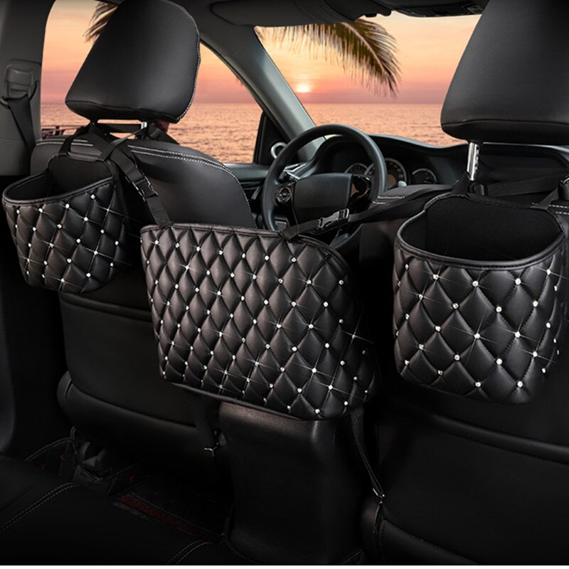 Auto Handtas Houder Luxe Lederen Autostoel Opbergtas Organizer Multi-Zakken Universele Bling Crystal Opbergen Opruimen Auto Goederen